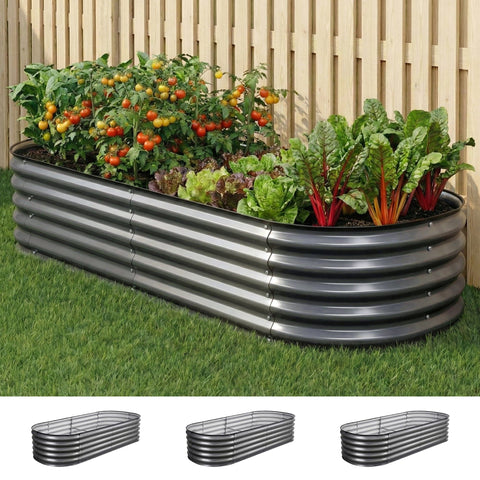 Darrahopens Home & Garden > Garden Beds > Garden Beds & Planters Green Fingers 3 Pcs Raised Garden Bed Kit Oval Galvanized Steel Planter Boxes 160x80x42cm, Heavy Duty Metal Elevated Garden Bed for Vegetables Flowers Herbs, with Safety Edging, Gloves & Pegs Included