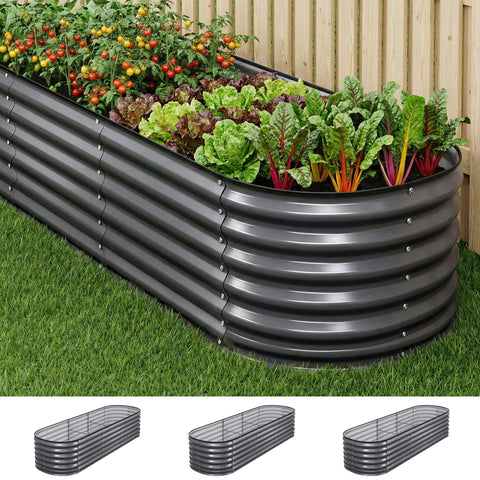 Darrahopens Home & Garden > Garden Beds > Garden Beds & Planters Green Fingers 3 Pcs Raised Garden Bed Kit Oval Galvanized Steel Planter Boxes 240x80x56cm, Heavy Duty Metal Elevated Garden Bed for Vegetables Flowers Herbs, with Safety Edging, Gloves & Pegs Included
