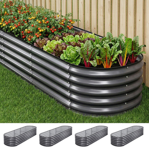Darrahopens Home & Garden > Garden Beds > Garden Beds & Planters Green Fingers 4 Pcs Raised Garden Bed Kit Oval Galvanized Steel Planter Boxes 240x80x42cm, Heavy Duty Metal Elevated Garden Bed for Vegetables Flowers Herbs, with Safety Edging, Gloves & Pegs Included