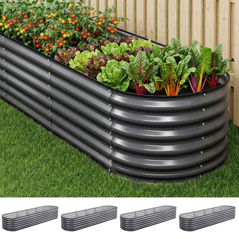Darrahopens Home & Garden > Garden Beds > Garden Beds & Planters Green Fingers 4 Pcs Raised Garden Bed Kit Oval Galvanized Steel Planter Boxes 320x80x56cm, Heavy Duty Metal Elevated Garden Bed for Vegetables Flowers Herbs, with Safety Edging, Gloves & Pegs Included