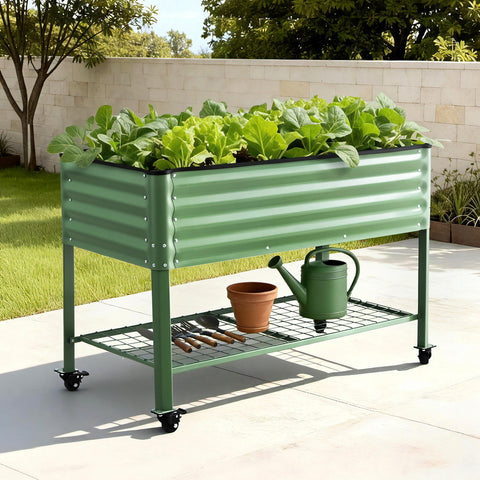 Darrahopens Home & Garden > Garden Beds > Garden Beds & Planters Green Fingers Elevated Raised Garden Bed Kit Mobile w/ Locking Wheels & Storage Shelf 100KG Max Load 115x60x81cm | Galvanized Steel, Portable Green Organizer for Seniors, Patio, Balcony, Vegetables