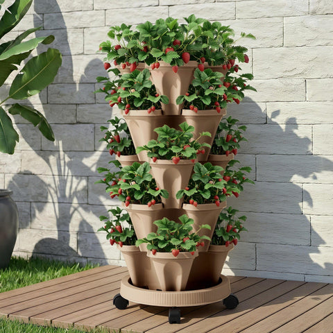 Darrahopens Home & Garden > Garden Beds > Garden Beds & Planters Green Fingers Garden Bed 5 Tier Vertical Garden Grey Strawberry Stackable Planters Herb Petunias Tan