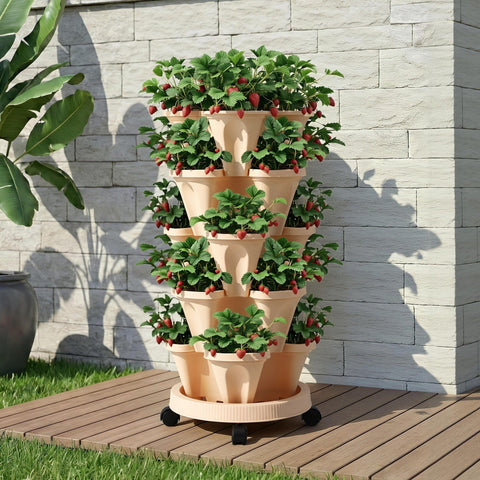 Darrahopens Home & Garden > Garden Beds > Garden Beds & Planters Green Fingers Garden Bed 5 Tier Vertical Garden Grey Strawberry Stackable Planters Herbs Beige