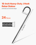 Darrahopens Home & Garden > Garden Tools > Garden Hoses VEVOR Rebar Stakes, 406.4 mm, Heavy-Duty 10 mm Diameter J Hook, Galvanized Steel Ground Anchors with Chisel Point End & Rust-Resistant Coating, for Gardening Support, Fence, Camping Tents (24-Pack)