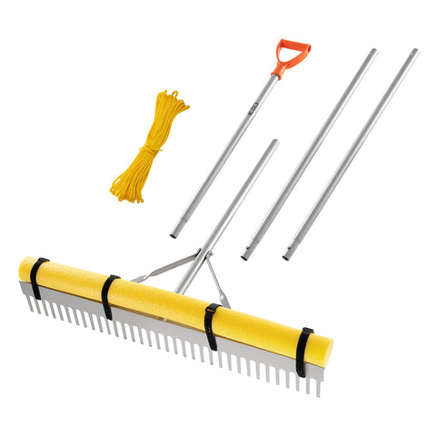 Darrahopens Home & Garden > Garden Tools > Lawn Rollers VEVOR Landscape Rake, 914 mm Wide Head 2590 mm Handle, Large Heavy Duty Aluminum Landscaping Leaf Rake Tool, Asphalt Level for Loosening Soil, Garden & Yard, Pond Gravel & Beach Lawn Care, 15.8m Rope