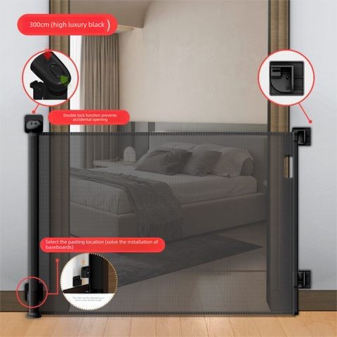 Darrahopens Home & Garden > Gate Openers > Fence & Gate Accessories Black Retractable Baby Safety Gate and Pet Barrier Extra Wide 300cm for Stairs and Doorways No Drill Mesh In-Home Protection Solution for Local Families