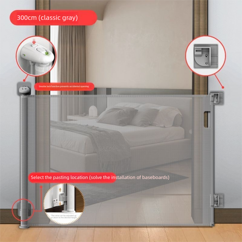 Darrahopens Home & Garden > Gate Openers > Fence & Gate Accessories Grey Retractable Baby Safety Gate and Pet Barrier Extra Wide 300cm for Stairs and Doorways No Drill Mesh In-Home Protection Solution for Local Families