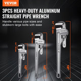 Darrahopens Home & Garden > Greenhouses > Greenhouses & Accessories VEVOR 3-Piece Pipe Wrench Set, 10" 14" 18" Aluminum Straight Pipe Wrench, Adjustable Plumbing Wrench, with High Strength Jaw and Ergonomic Handle, Hangable Design, for Water Pipes, Automotive Repairs