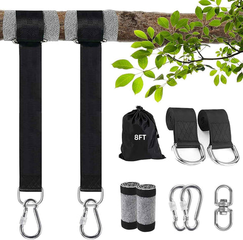 Darrahopens Home & Garden > Hammocks > Hammocks & Accessories 8ft Premium Polyester Swing Straps Set – 3000lb Load Rating, with Locking Carabiners & Tree Guards for Family Hammocks & Outdoor Play (Black)