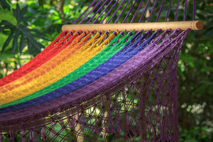 darrahopens Home & Garden > Hammocks Mayan Legacy Queen Size Outdoor Cotton Mexican Resort Hammock With Fringe in Rainbow Colour