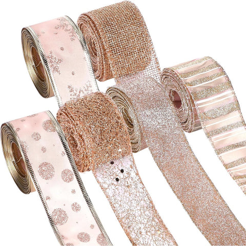 Darrahopens Home & Garden > Hobbies > Arts & Crafts 6 Rolls - Sparkling Gold Silk - Suitable for Christmas Trees, Gift Bows, DIY Crafts, Wreaths & Home Decor - 1.5" Wide x 19" Long (Rose Gold)