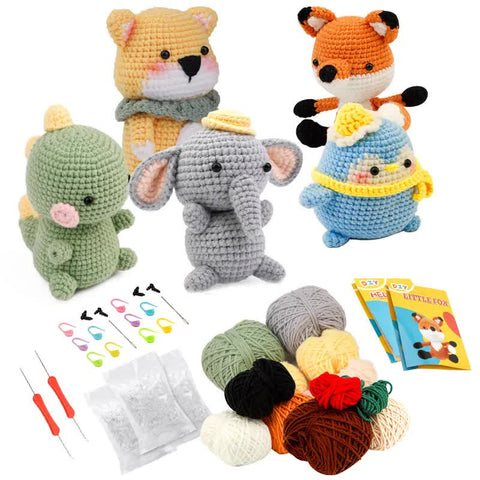 Darrahopens Home & Garden > Hobbies > Arts & Crafts Crochet Kit for Beginners with Yarn Needles Plush Doll DIY Animals 4 Pieces Compatible with Hand Knitting