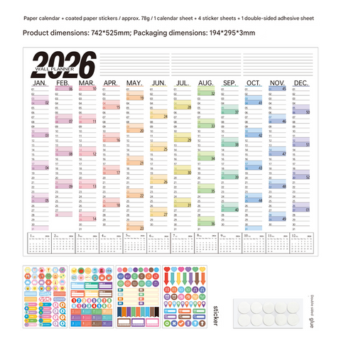 Darrahopens Home & Garden > Home Office Accessories > Calendars, Organisers & Planners 2026 Wall Planner Calendar with Stickers and Double-Sided Tape – 742 x 525 mm for Home, Office or Study in Australia