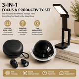 Darrahopens Home & Garden > Home Office Accessories > Calendars, Organisers & Planners Black 3-in-1 Focus & Productivity Set: Magnetic Mechanical Timer, Noise-Reducing Earplugs & Rechargeable Clip-On LED Reading Light