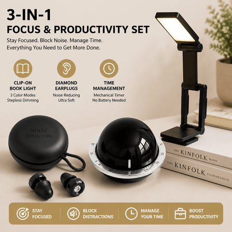 Darrahopens Home & Garden > Home Office Accessories > Calendars, Organisers & Planners Black 3-in-1 Focus & Productivity Set: Magnetic Mechanical Timer, Noise-Reducing Earplugs & Rechargeable Clip-On LED Reading Light