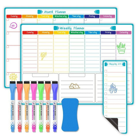 Darrahopens Home & Garden > Home Office Accessories > Calendars, Organisers & Planners Magnetic Dry Erase Weekly & Monthly Planner Set, Fridge Whiteboard Calendar with 7 Markers & Eraser, Reusable Shopping List Board for Home, Office, Kitchen Organisation