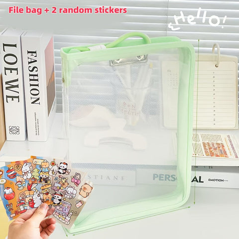 Darrahopens Home & Garden > Home Office Accessories > Filing & Organisation Macaron Candy Student File Bag + PET Animal Stickers - Hand-Carry Large Capacity Waterproof A4 Zipper Transparent Exam Paper & Textbook Storage Bag, Folder（green）