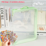 Darrahopens Home & Garden > Home Office Accessories > Filing & Organisation Macaron Candy Student File Bag + PET Animal Stickers - Hand-Carry Large Capacity Waterproof A4 Zipper Transparent Exam Paper & Textbook Storage Bag, Folder（pink）