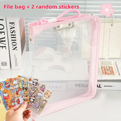 Darrahopens Home & Garden > Home Office Accessories > Filing & Organisation Macaron Candy Student File Bag + PET Animal Stickers - Hand-Carry Large Capacity Waterproof A4 Zipper Transparent Exam Paper & Textbook Storage Bag, Folder（pink）