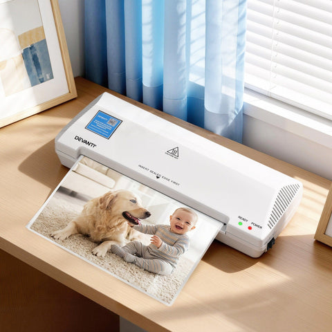Darrahopens Home & Garden > Home Office Accessories > Laminators Devanti A4 Laminator Machine, Hot & Cold Thermal Fast Lamination Anti-Jam Laminator for Office School Home Document Photo Card Handmade A4 A5 A6, White