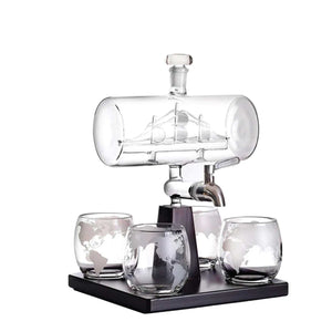 Darrahopens Home & Garden > Kitchenware 1L Whiskey or Wine Sailboat Glass Decanter Set - 4x Globe Glasses + Wooden Stand