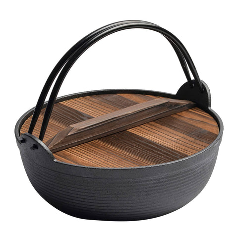 Darrahopens Home & Garden > Kitchenware 29cm Cast Iron Sukiyaki Iron Pot Japanese Shabu Shabu Pot Pan Stockpot Wooden Lid Home Camping Picnic