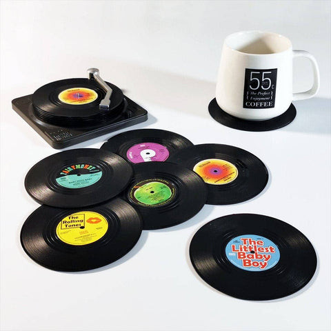 Darrahopens Home & Garden > Kitchenware 6x Creative Vinyl Record Cup Coasters w Holder Glass Drink Tableware Home Décor, A w/ Record Player Holder