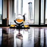 Darrahopens Home & Garden > Kitchenware 850ml Whiskey or Wine Globe Glass Decanter Set - 2x Glasses + Wooden Stand