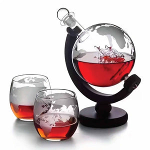 Darrahopens Home & Garden > Kitchenware 850ml Whiskey or Wine Globe Glass Decanter Set - 2x Glasses + Wooden Stand