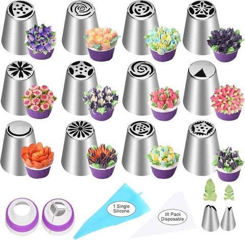 Darrahopens Home & Garden > Kitchenware > Bakeware & Accessories set of 27 cake decorating tips - 12 flower-shaped tips - cake decorating tip set - baking supplies for cookies and cupcakes - 2 leaf-shaped tips - 2 adapters - 10 piping bags