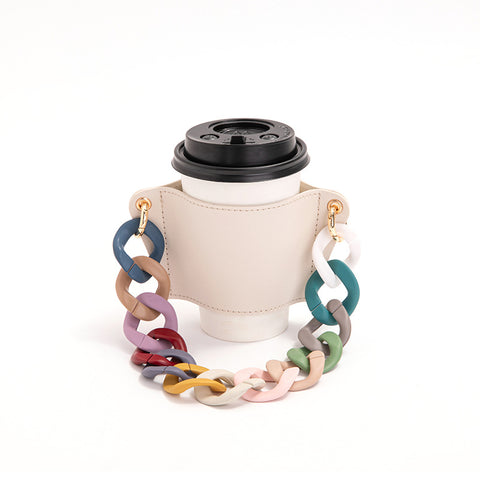 Darrahopens Home & Garden > Kitchenware > Coasters 2 Pcs Beige And colored chain Detachable Chain Coffee Cup Sleeve - PU Leather Insulated Cup Holder with Handle, 16cm Top, 70g(Cup not included, only cup sleeve and chain)