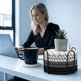 Darrahopens Home & Garden > Kitchenware > Coasters Black 8 Piece Handmade Braided Cotton Coasters Set with Holder 4.3 Inch Round Absorbent Drink Coasters Heat Resistant Table Protection Cup Mats for Home Kitchen