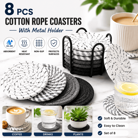Darrahopens Home & Garden > Kitchenware > Coasters Black 8 Piece Handmade Braided Cotton Coasters Set with Holder 4.3 Inch Round Absorbent Drink Coasters Heat Resistant Table Protection Cup Mats for Home Kitchen
