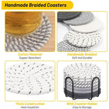 Darrahopens Home & Garden > Kitchenware > Coasters Black 8 Piece Handmade Braided Cotton Coasters Set with Holder 4.3 Inch Round Absorbent Drink Coasters Heat Resistant Table Protection Cup Mats for Home Kitchen