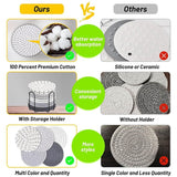 Darrahopens Home & Garden > Kitchenware > Coasters Black 8 Piece Handmade Braided Cotton Coasters Set with Holder 4.3 Inch Round Absorbent Drink Coasters Heat Resistant Table Protection Cup Mats for Home Kitchen