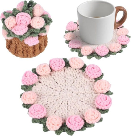 Darrahopens Home & Garden > Kitchenware > Coasters Coasters - Mini Basket Included - Floral Coasters - Vintage Rose Design - Suitable for coffee tables, weddings, housewarming parties, birthdays, etc.（Pink）