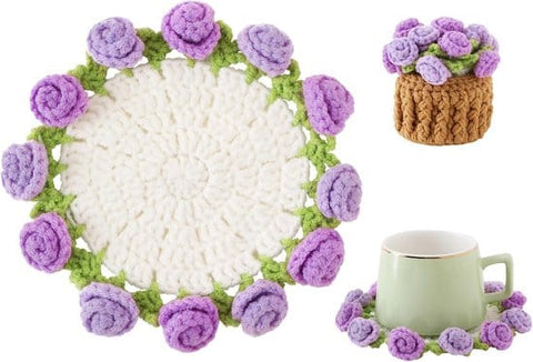Darrahopens Home & Garden > Kitchenware > Coasters Coasters - Mini Basket Included - Floral Coasters - Vintage Rose Design - Suitable for coffee tables, weddings, housewarming parties, birthdays, etc.（Purple）