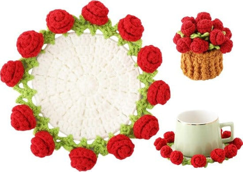 Darrahopens Home & Garden > Kitchenware > Coasters Coasters - Mini Basket Included - Floral Coasters - Vintage Rose Design - Suitable for coffee tables, weddings, housewarming parties, birthdays, etc.（Red）