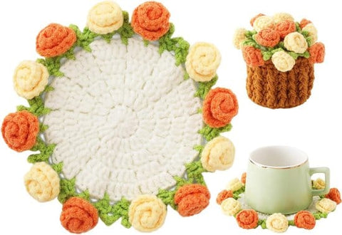 Darrahopens Home & Garden > Kitchenware > Coasters Coasters - Mini Basket Included - Floral Coasters - Vintage Rose Design - Suitable for coffee tables, weddings, housewarming parties, birthdays, etc.（Yellow）