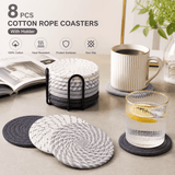 Darrahopens Home & Garden > Kitchenware > Coasters Gray tones 8 Piece Handmade Braided Cotton Coasters Set with Holder 4.3 Inch Round Absorbent Drink Coasters Heat Resistant Table Protection Cup Mats for Home Kitchen