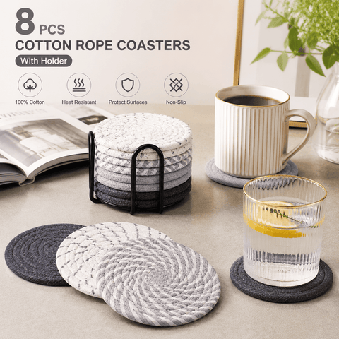 Darrahopens Home & Garden > Kitchenware > Coasters Gray tones 8 Piece Handmade Braided Cotton Coasters Set with Holder 4.3 Inch Round Absorbent Drink Coasters Heat Resistant Table Protection Cup Mats for Home Kitchen