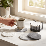 Darrahopens Home & Garden > Kitchenware > Coasters Gray tones 8 Piece Handmade Braided Cotton Coasters Set with Holder 4.3 Inch Round Absorbent Drink Coasters Heat Resistant Table Protection Cup Mats for Home Kitchen