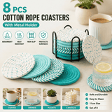Darrahopens Home & Garden > Kitchenware > Coasters Green series 8 Piece Handmade Braided Cotton Coasters Set with Holder 4.3 Inch Round Absorbent Drink Coasters Heat Resistant Table Protection Cup Mats for Home Kitchen