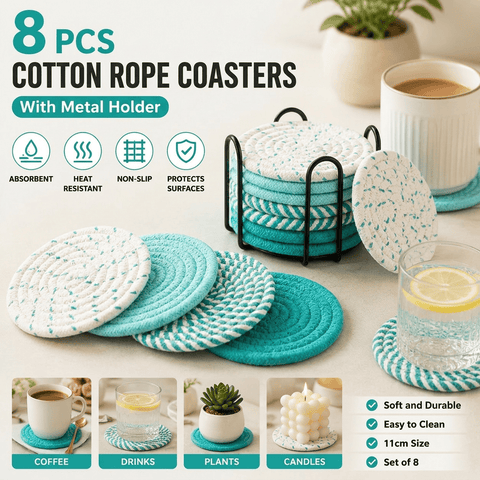 Darrahopens Home & Garden > Kitchenware > Coasters Green series 8 Piece Handmade Braided Cotton Coasters Set with Holder 4.3 Inch Round Absorbent Drink Coasters Heat Resistant Table Protection Cup Mats for Home Kitchen