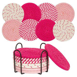 Darrahopens Home & Garden > Kitchenware > Coasters INS Style Round Cotton Woven Heat-Resistant Coasters, 8-Piece Set of Thick Table and Pot Mats with Free Iron Storage Rack - Pink