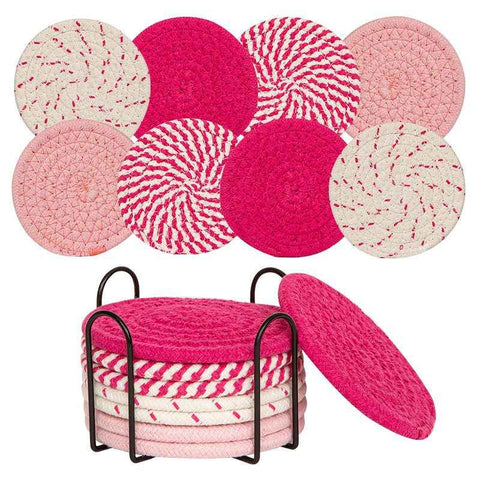Darrahopens Home & Garden > Kitchenware > Coasters INS Style Round Cotton Woven Heat-Resistant Coasters, 8-Piece Set of Thick Table and Pot Mats with Free Iron Storage Rack - Pink