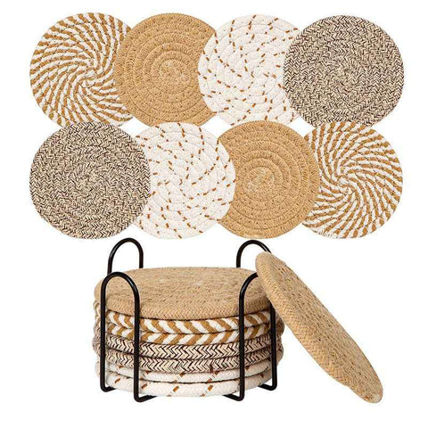 Darrahopens Home & Garden > Kitchenware > Coasters INS Style Round Cotton Woven Heat-Resistant Coasters, 8-Piece Set of Thick Table Pot Mats with Free Iron Storage Rack—Gray-Brown