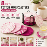 Darrahopens Home & Garden > Kitchenware > Coasters Pink series 8 Piece Handmade Braided Cotton Coasters Set with Holder 4.3 Inch Round Absorbent Drink Coasters Heat Resistant Table Protection Cup Mats for Home Kitchen