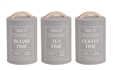 Darrahopens Home & Garden > Kitchenware > Coasters Set 3 Almond Cream Metal Coffee Tea Sugar Storage Tins 11x19cm