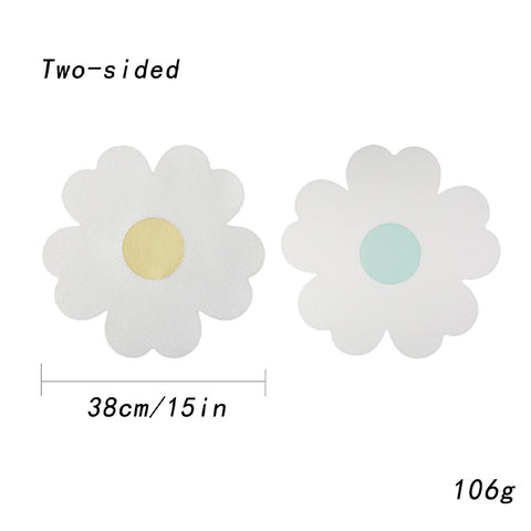 Darrahopens Home & Garden > Kitchenware > Coasters White Background With Yellow Heart + Blue Heart Set of 6 Reversible Flower Shaped Placemats - Waterproof PU Leather Dining Table Mats